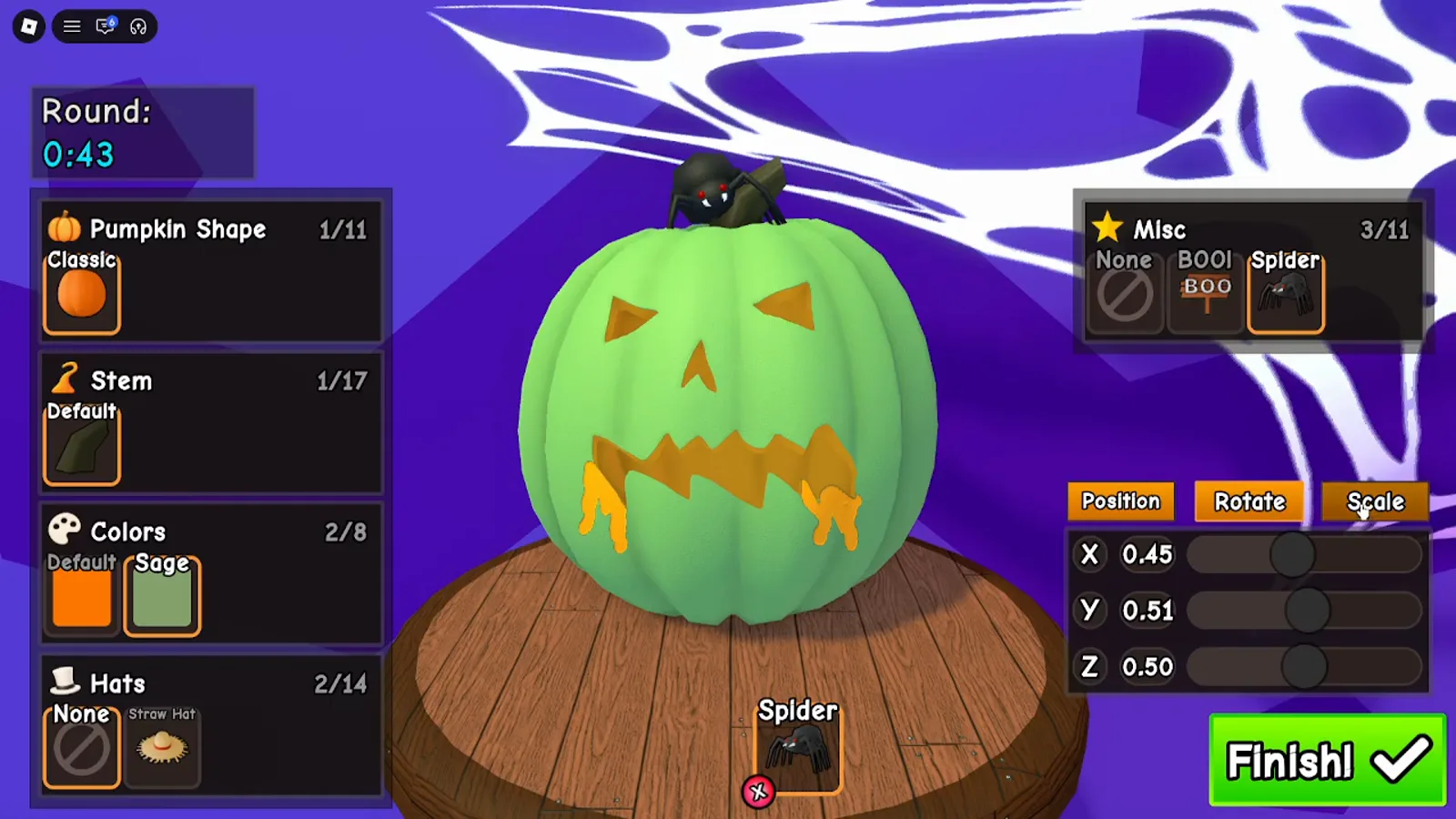 Carve a Pumpkin Roblox accessory editor Scale tab with X Y Z sliders and Finish button on a spider prop