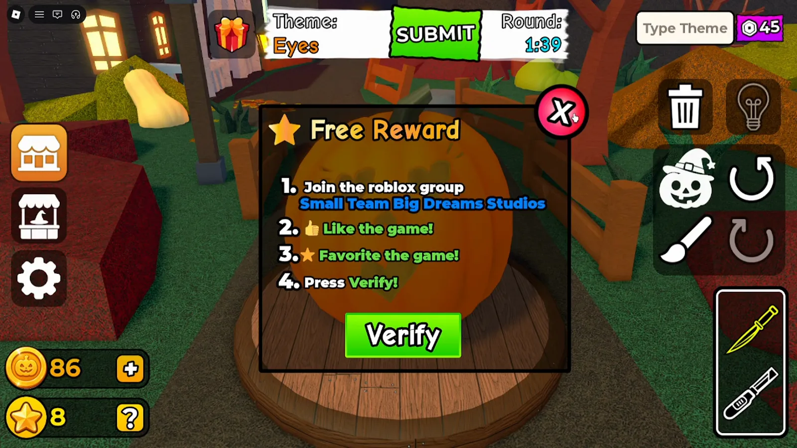 Carve a Pumpkin Roblox Free Reward popup listing join the Roblox group, like the game, favorite the game and press Verify