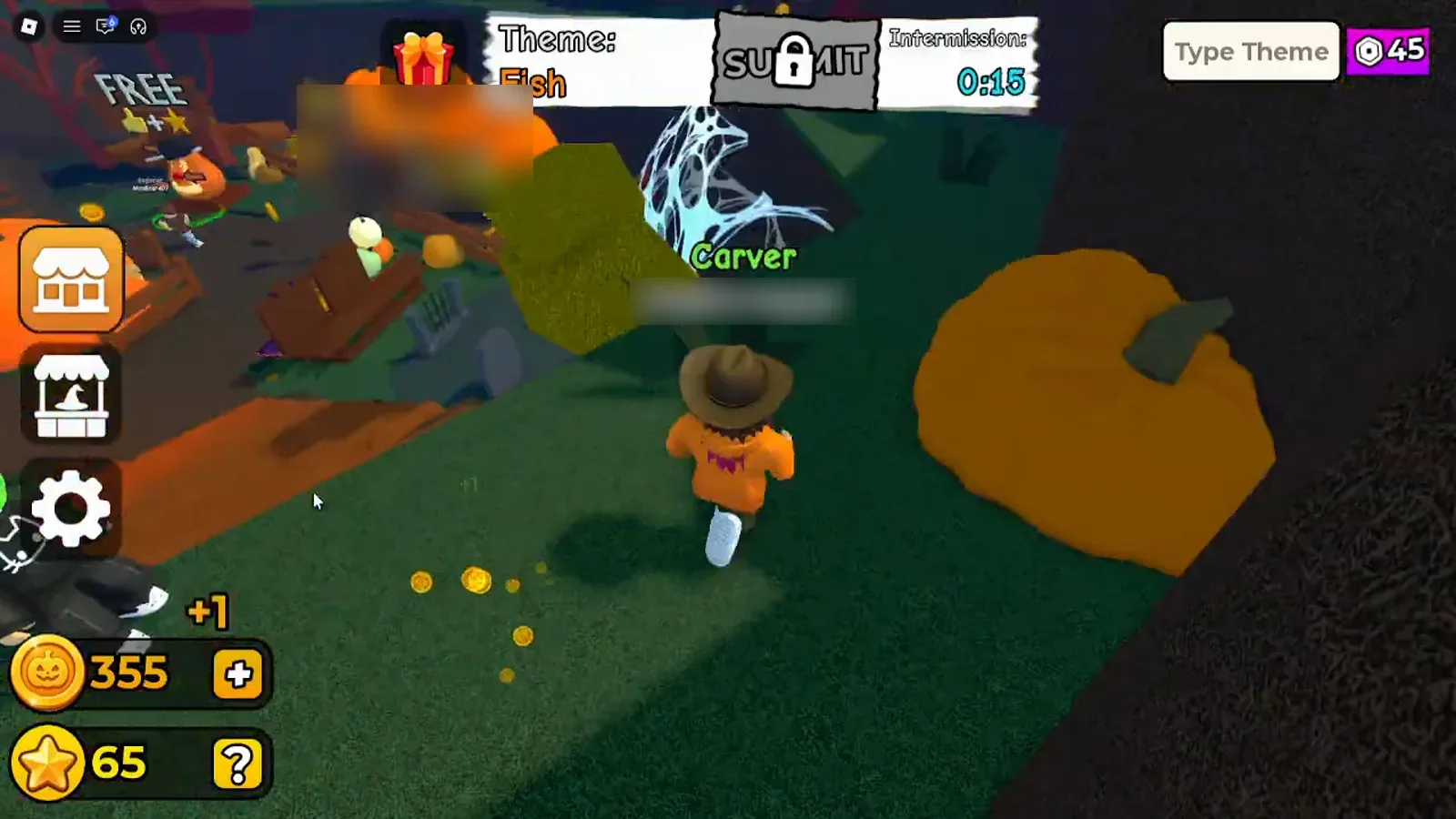 Carve a Pumpkin Roblox hub world ground coin pickup with plus one float and Carver title above the player name