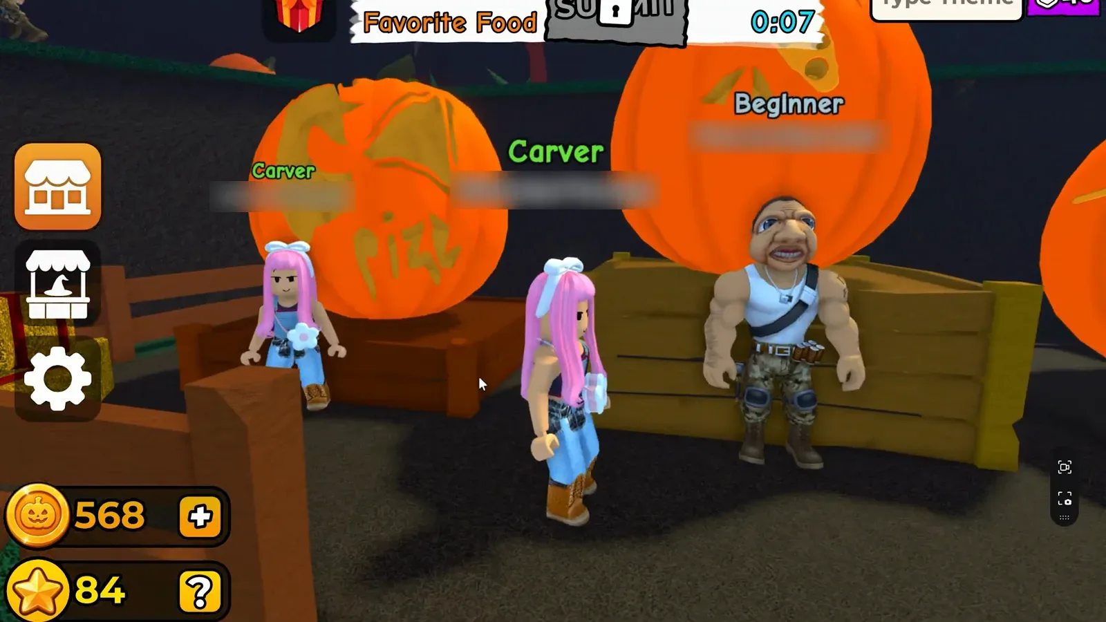 Carve a Pumpkin Roblox lobby HUD after several rounds showing five hundred sixty eight Coins and eighty four Stars