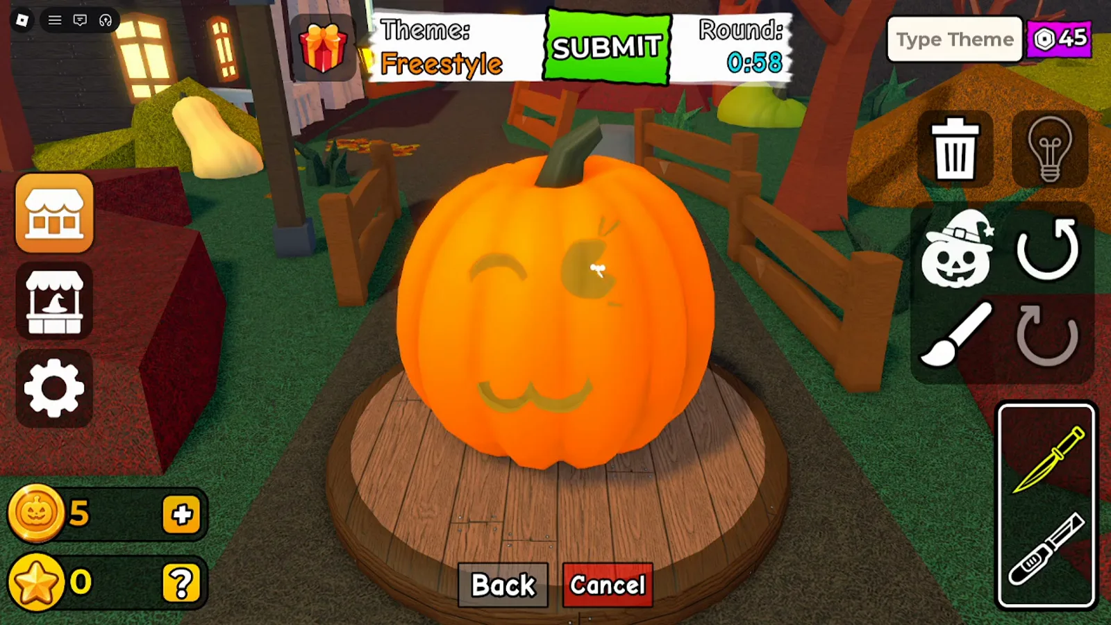 Carve a Pumpkin Roblox early round HUD showing five Coins zero Stars and plus question mark buttons on the counters