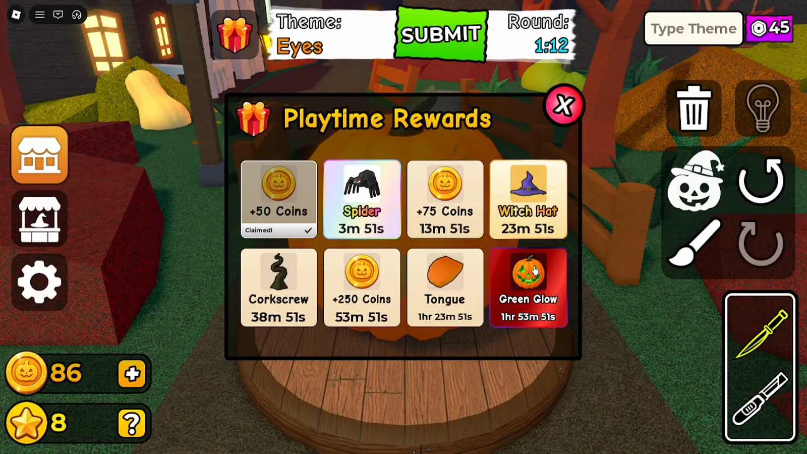 Carve a Pumpkin Roblox Playtime Rewards menu with claimed fifty coins and timed spider witch hat corkscrew rewards
