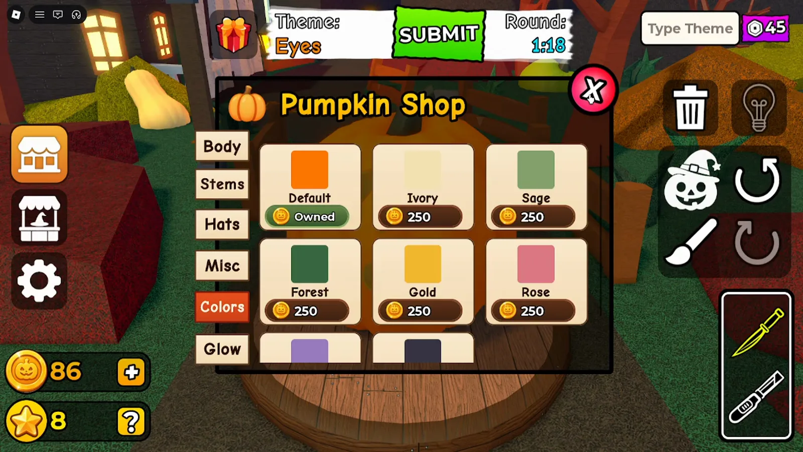 Carve a Pumpkin Roblox Pumpkin Shop Colors tab showing two hundred fifty coin prices and Owned label on Default