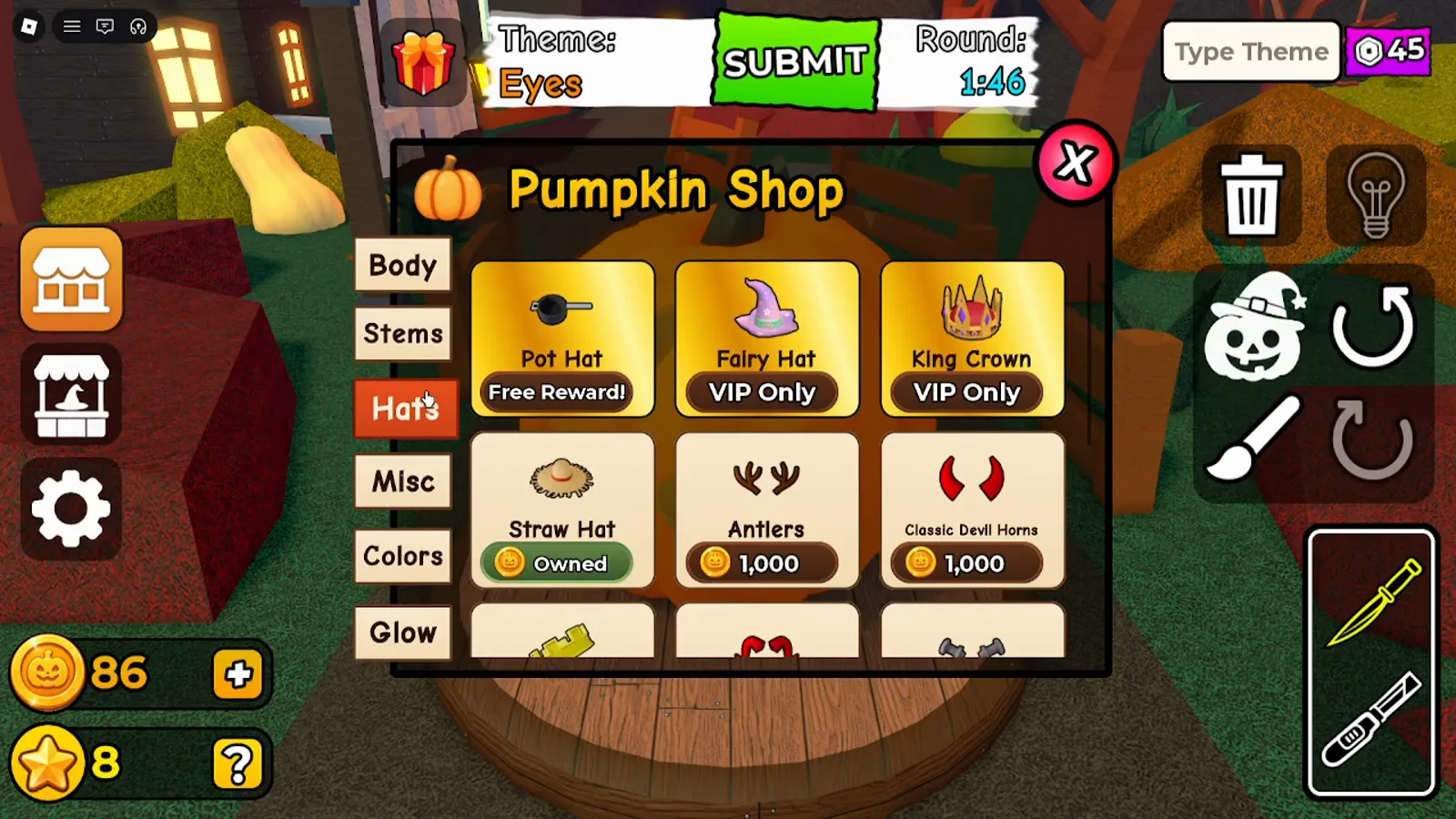 Carve a Pumpkin Roblox Pumpkin Shop Hats tab with Pot Hat Free Reward, VIP Only crowns, Straw Hat Owned and 1,000-coin horns