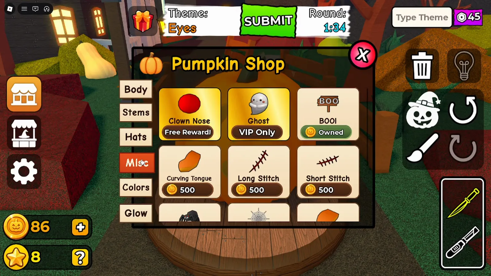 Carve a Pumpkin Roblox Pumpkin Shop Misc tab showing Clown Nose Free Reward, Ghost VIP Only, BOO sign Owned, Curving Tongue and stitches at 500 coins