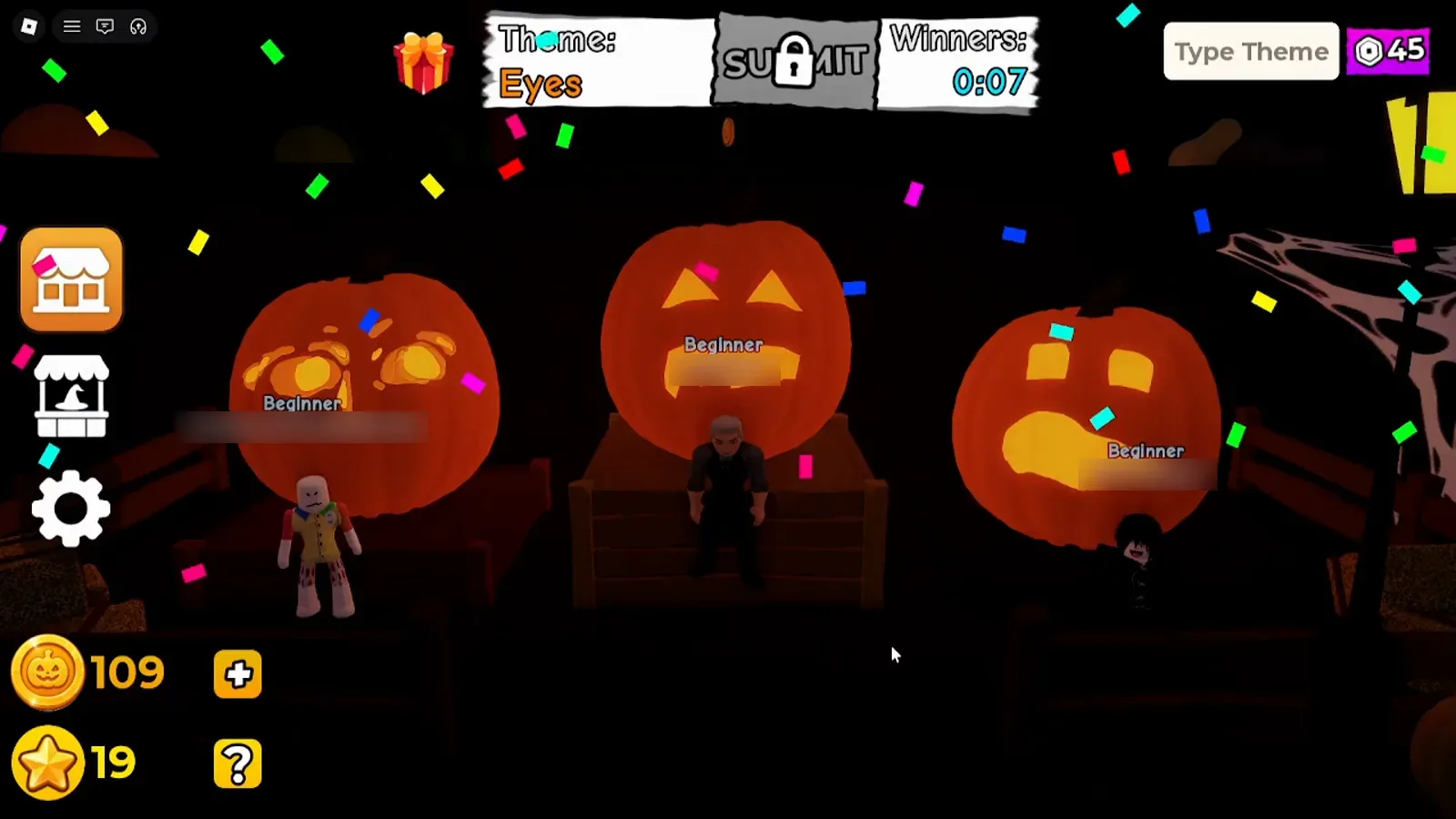Carve a Pumpkin Roblox winners screen with Beginner titles above three pumpkins and one hundred nine Coins nineteen Stars on the HUD