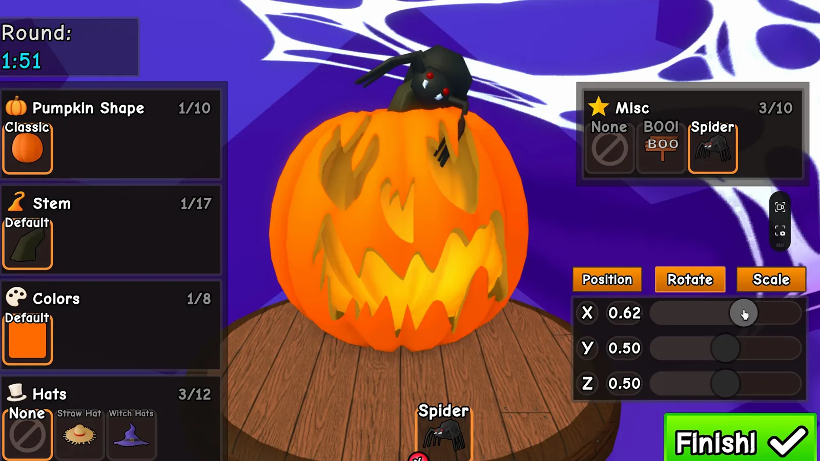 Carve a Pumpkin Roblox accessory editor Position Rotate Scale tabs adjusting Spider on jack o lantern with Misc category open