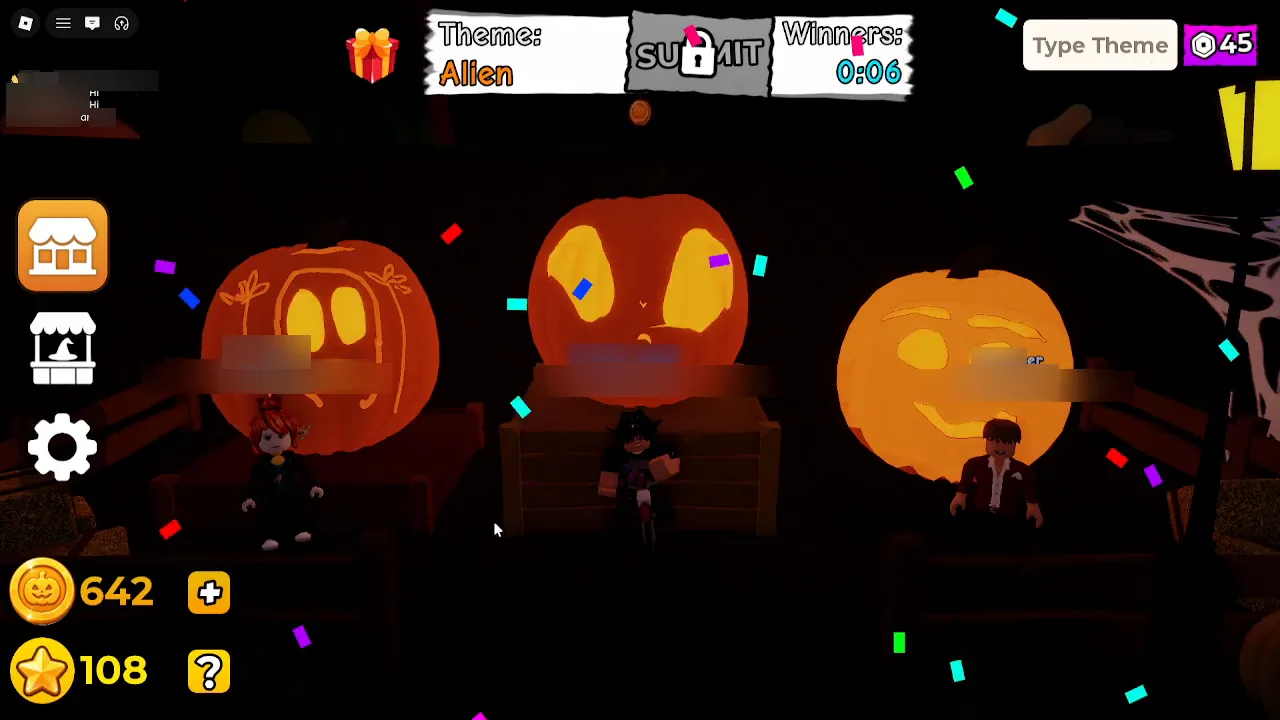 Carve a Pumpkin Roblox Alien theme Winners podium three glowing jack o lanterns different alien face carvings with player name and chat areas heavily blurred