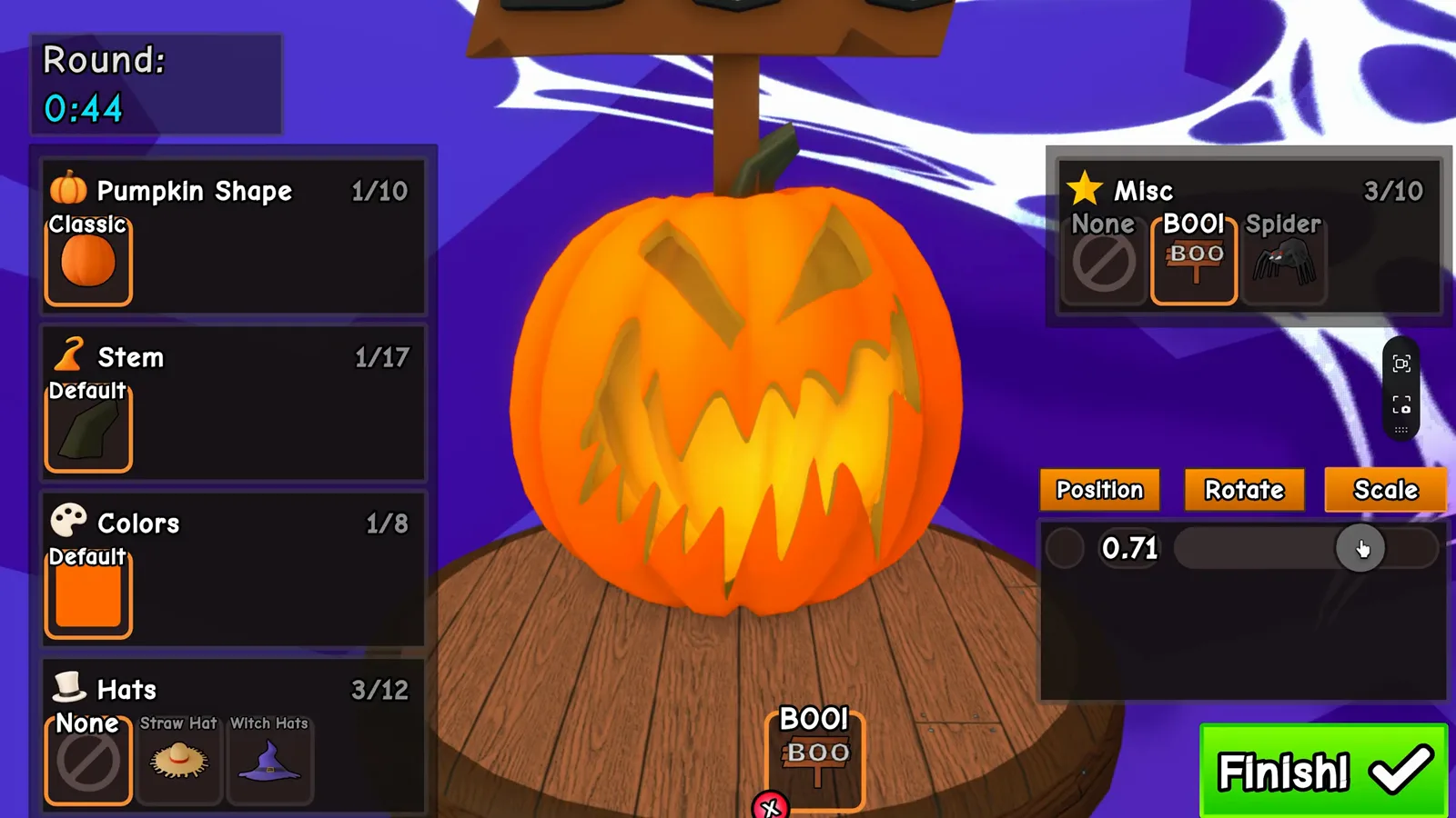 Carve a Pumpkin Roblox Misc BOO sign applied on Scary jack o lantern with accessory editor Scale tab at zero point seven one