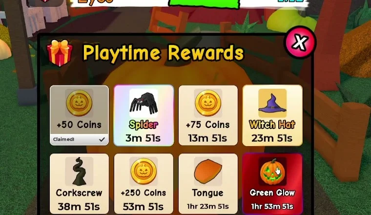 Carve a Pumpkin Roblox Playtime Rewards cropped panel showing Spider three minutes fifty one seconds Witch Hat Corkscrew Tongue and Green Glow timers after fifty coin claimed