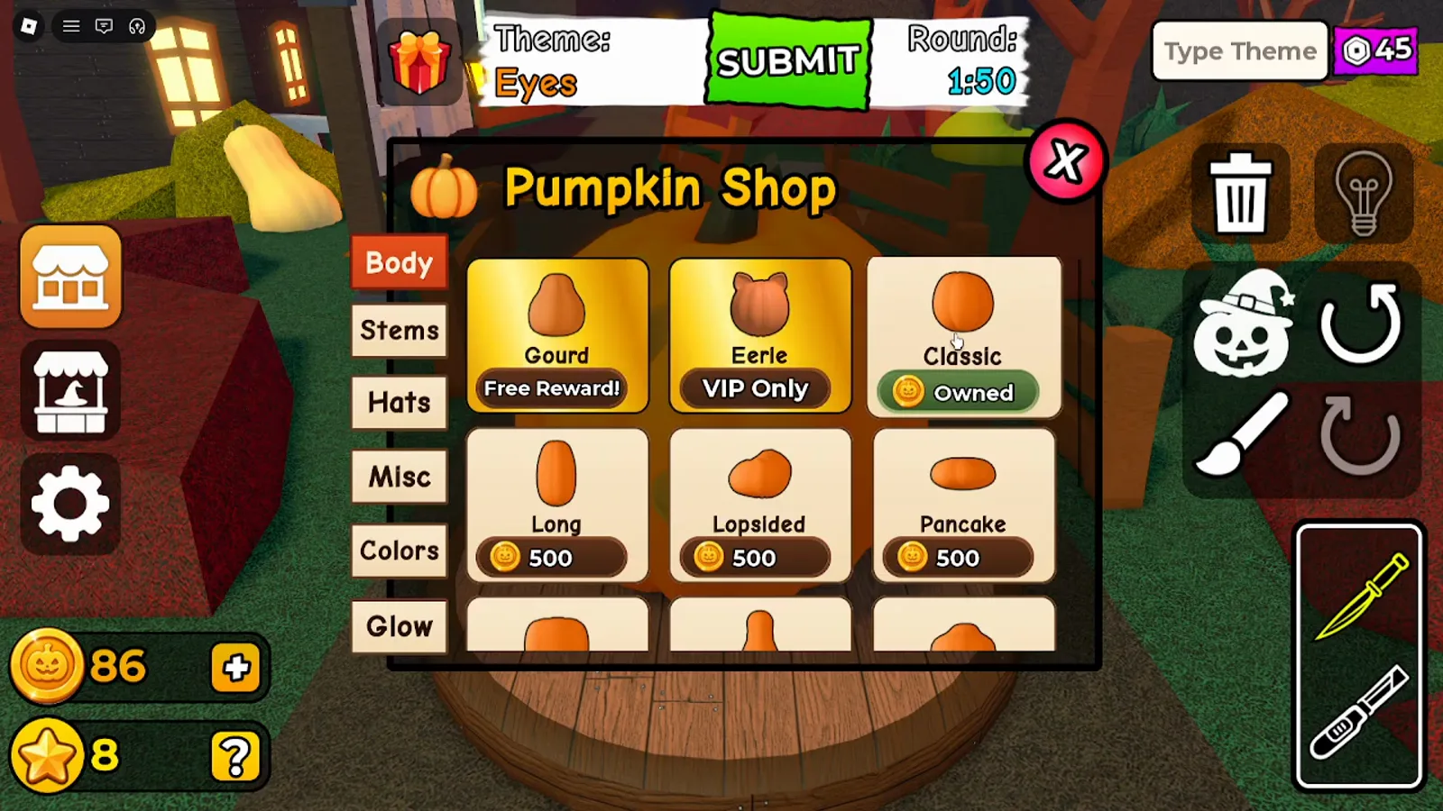 Carve a Pumpkin Roblox Pumpkin Shop Body tab showing Gourd Free Reward Eerie VIP Only Classic Owned and Long Lopsided Pancake at five hundred coins