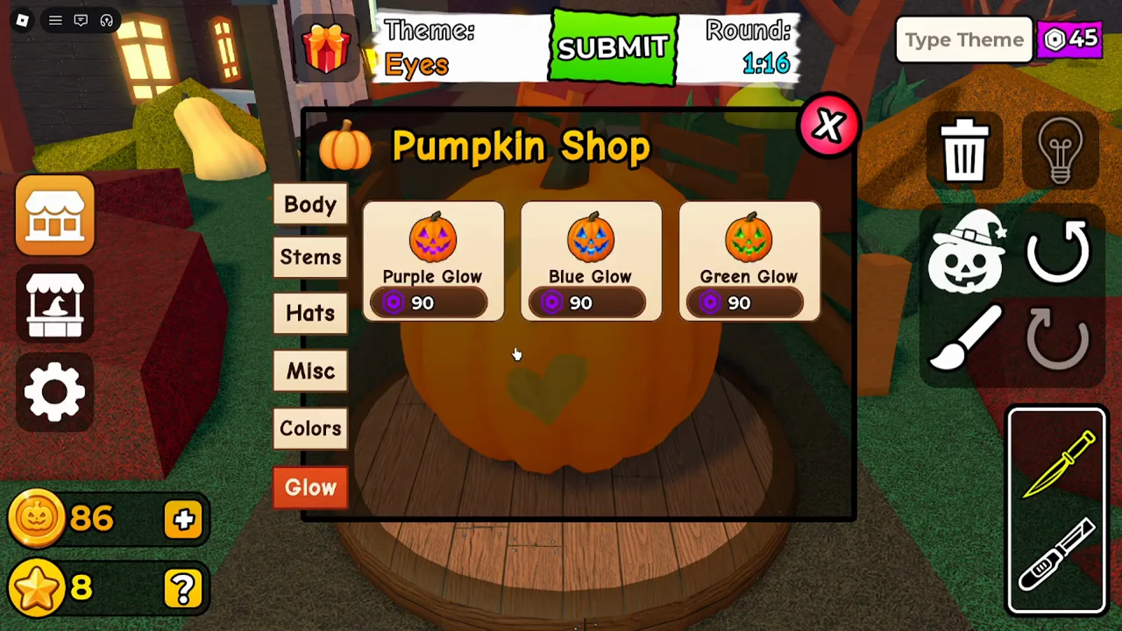 Carve a Pumpkin Roblox Pumpkin Shop Glow tab listing Purple Blue and Green Glow cards at ninety with the purple hex price icon on each card