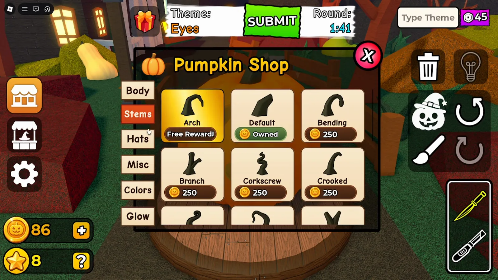 Carve a Pumpkin Roblox Pumpkin Shop Stems tab with Arch Free Reward Default Owned and two hundred fifty coin stems Bending Branch Corkscrew Crooked