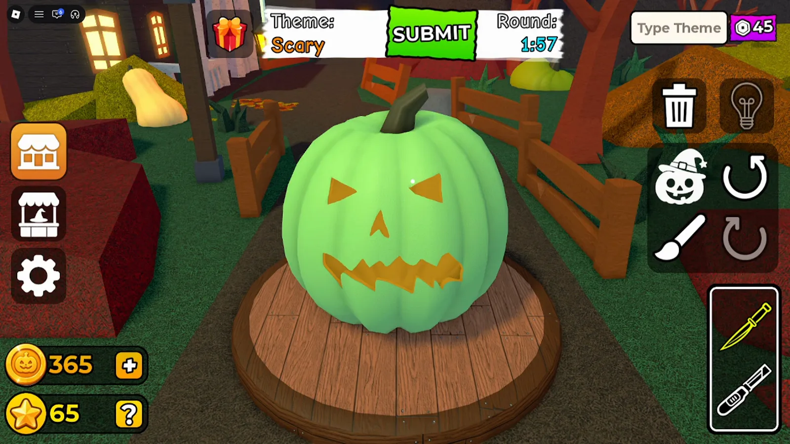 Carve a Pumpkin Roblox Sage green pumpkin skin Scary theme carving with orange yellow glow inside triangle eyes and jagged mouth