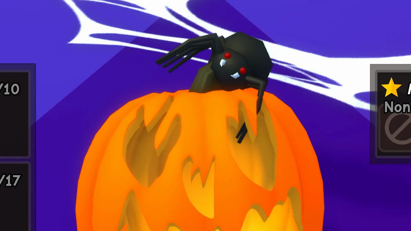 Carve a Pumpkin Roblox Spider Misc accessory on Fire theme flame mouth carving close up purple web background