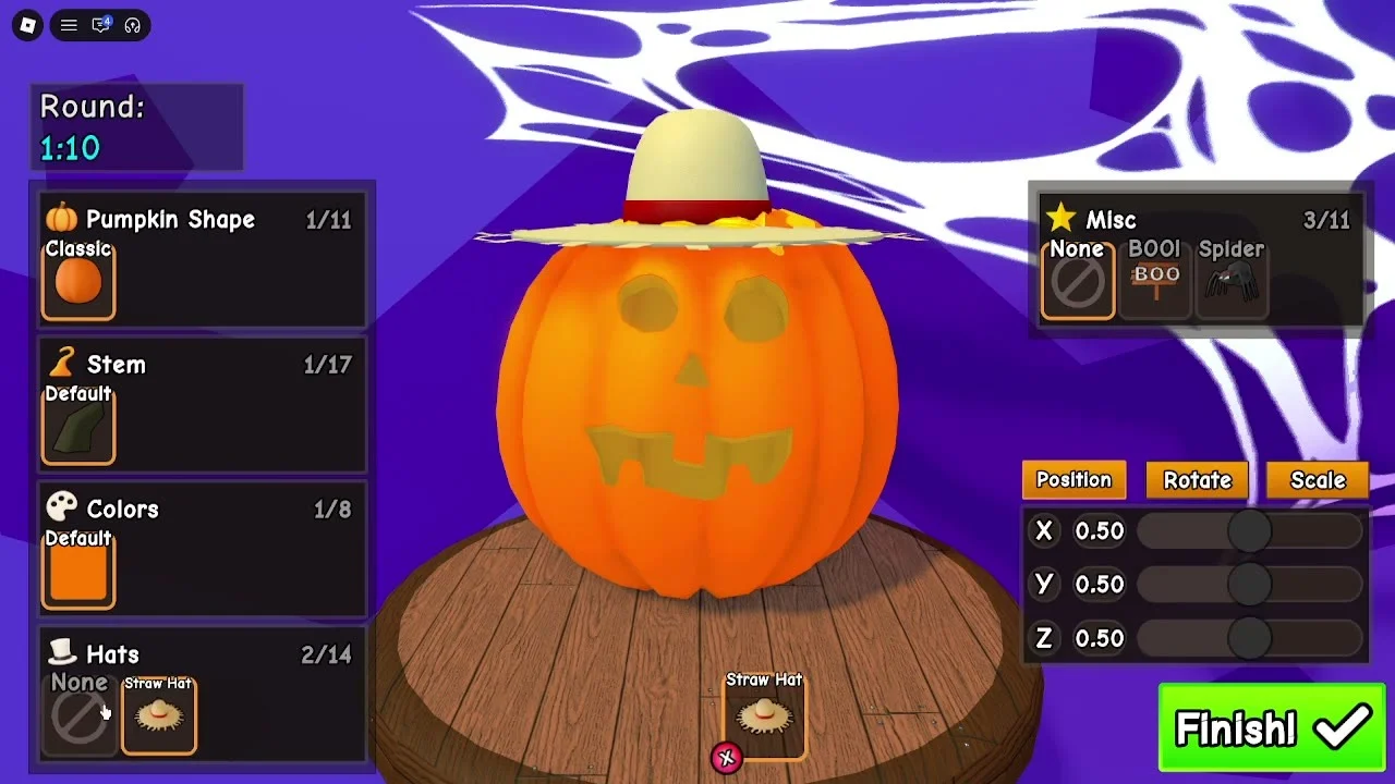 Carve a Pumpkin Roblox Straw Hat equipped on classic jack o lantern face with Hats tab selected and Position sliders at zero point five zero during Round one ten