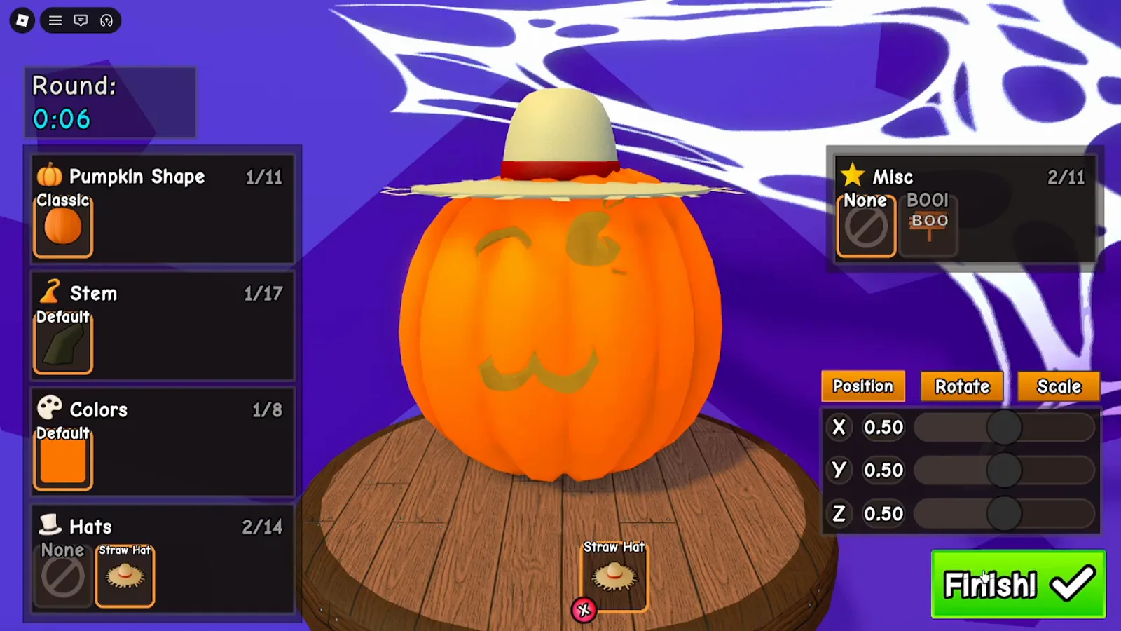 Carve a Pumpkin Roblox accessory editor Position sliders for Straw Hat on carved winking pumpkin with Finish button