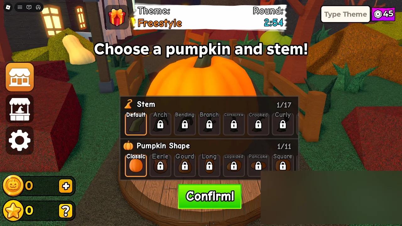 Carve a Pumpkin Roblox Freestyle round Choose a pumpkin and stem menu with Classic shape Default stem and green Confirm button