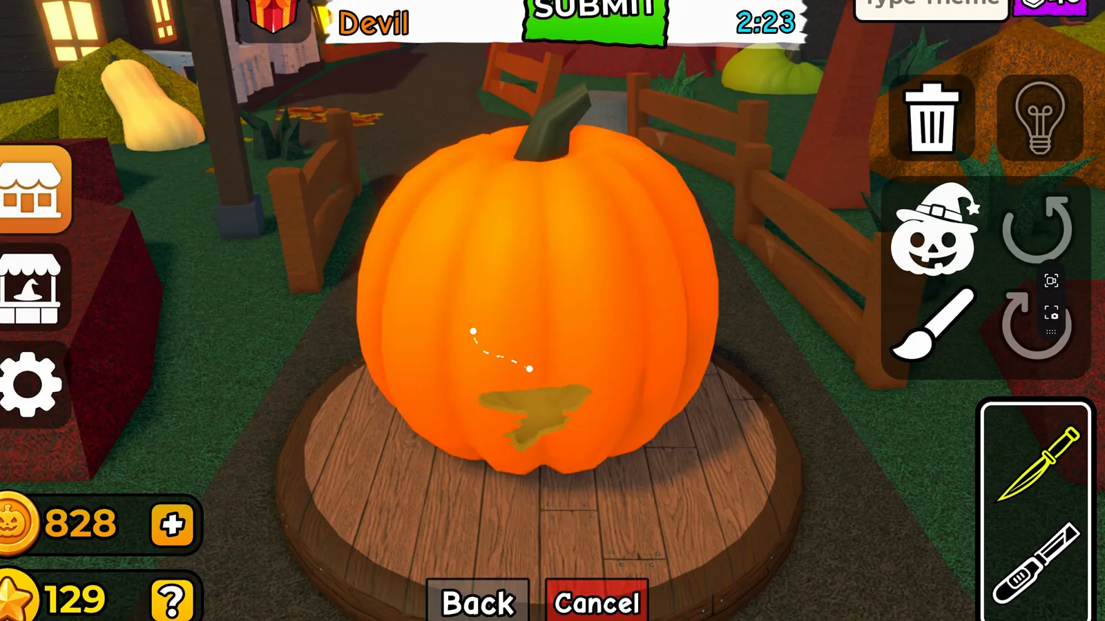 Carve a Pumpkin Roblox Devil theme white dotted cut path above a small jagged hole with Back and Cancel buttons on the pedestal