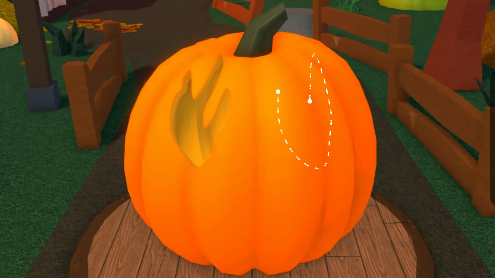 Carve a Pumpkin Roblox Fire theme dotted white path for jagged teeth mouth cut beside finished flame eye holes