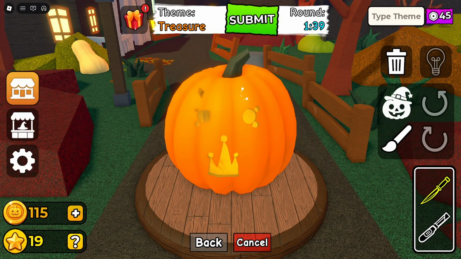 Carve a Pumpkin Roblox Treasure theme carving HUD green SUBMIT knife tool highlighted trash and undo icons on right rail