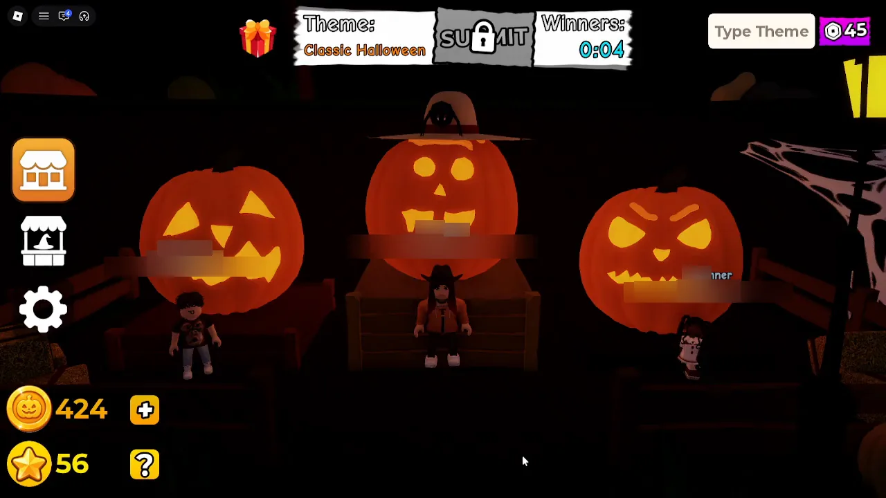 Carve a Pumpkin Roblox Classic Halloween winners podium center pumpkin with round eyes straw hat and spider accessory usernames blurred