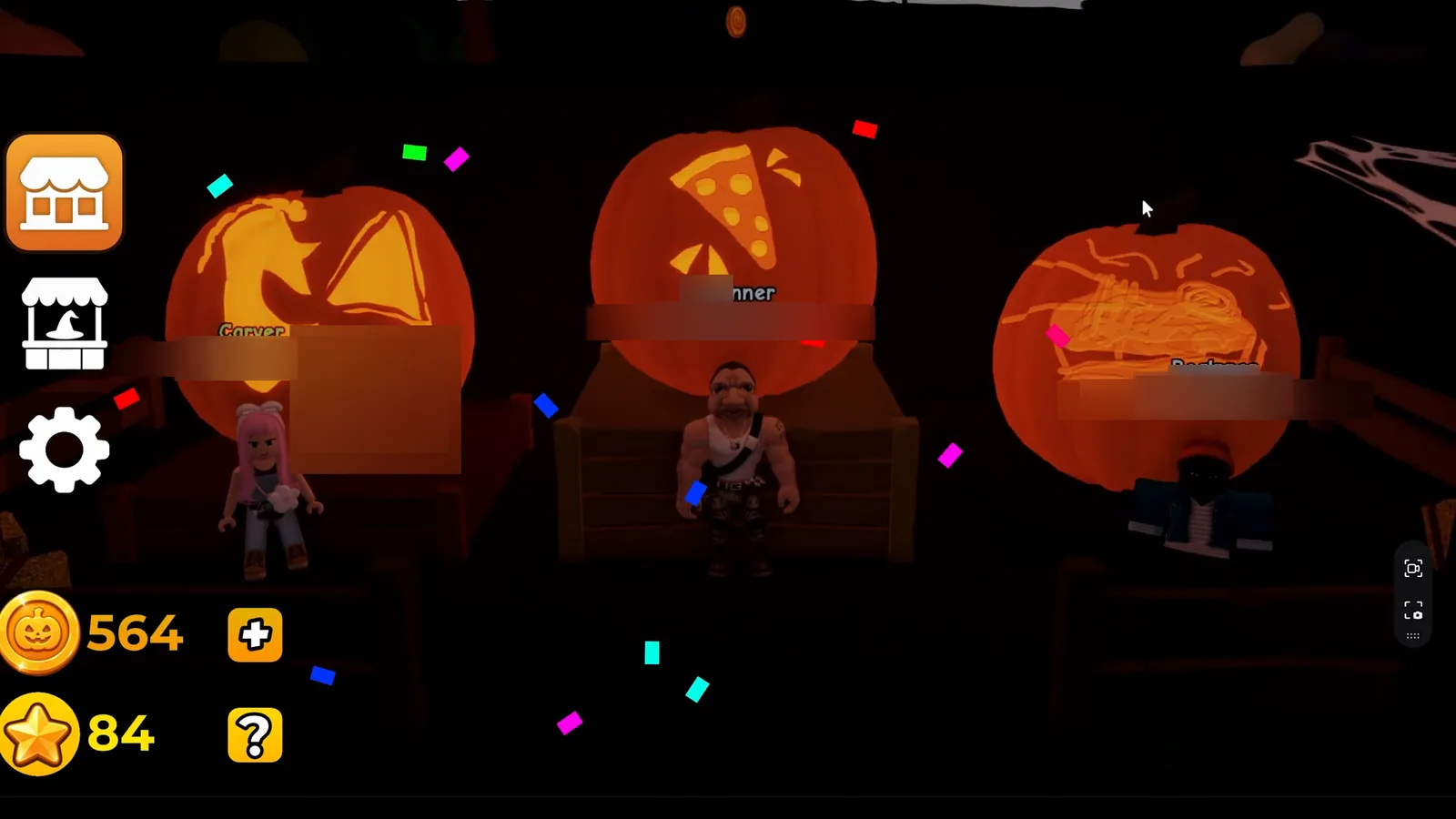 Carve a Pumpkin Roblox Favorite Food theme winners podium with large glowing pizza slice carving on center first place usernames blurred