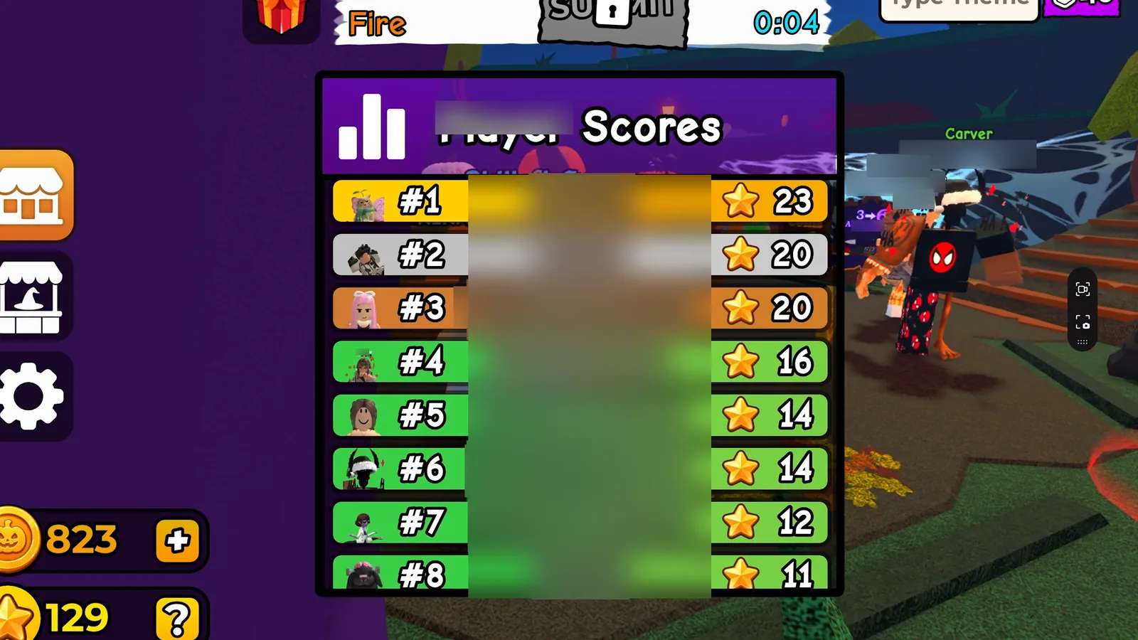 Carve a Pumpkin Roblox Fire round Player Scores overlay rank one twenty three stars rank two and three twenty stars usernames blurred