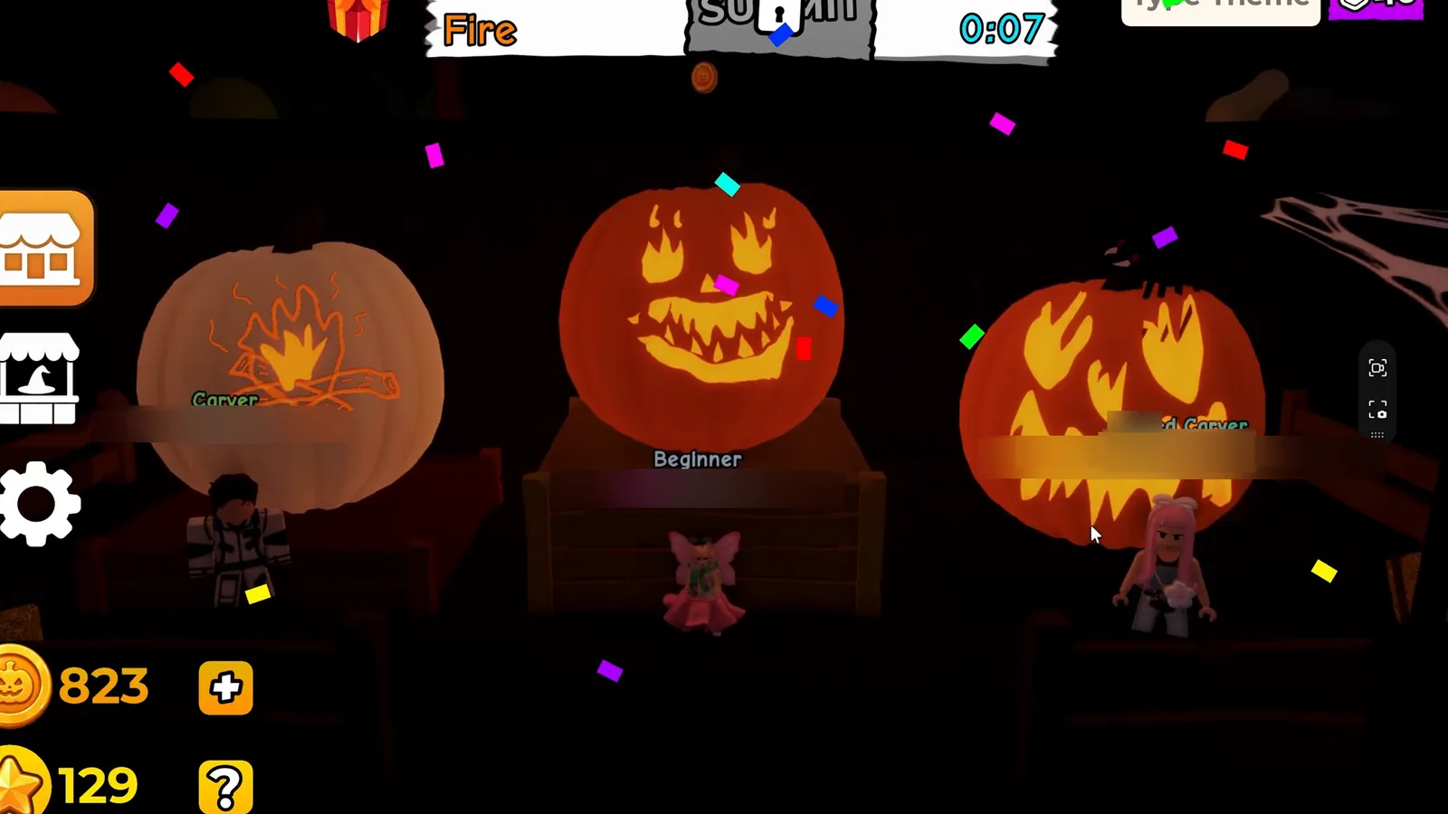 Carve a Pumpkin Roblox Fire theme winners podium center first place pumpkin with flame shaped eyes and sharp toothy mouth usernames blurred