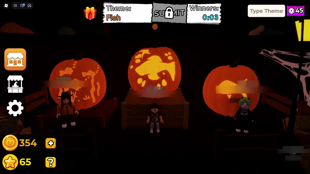 Carve a Pumpkin Roblox Fish theme winners podium center first place pumpkin with large horizontal fish silhouette and bubble holes usernames blurred