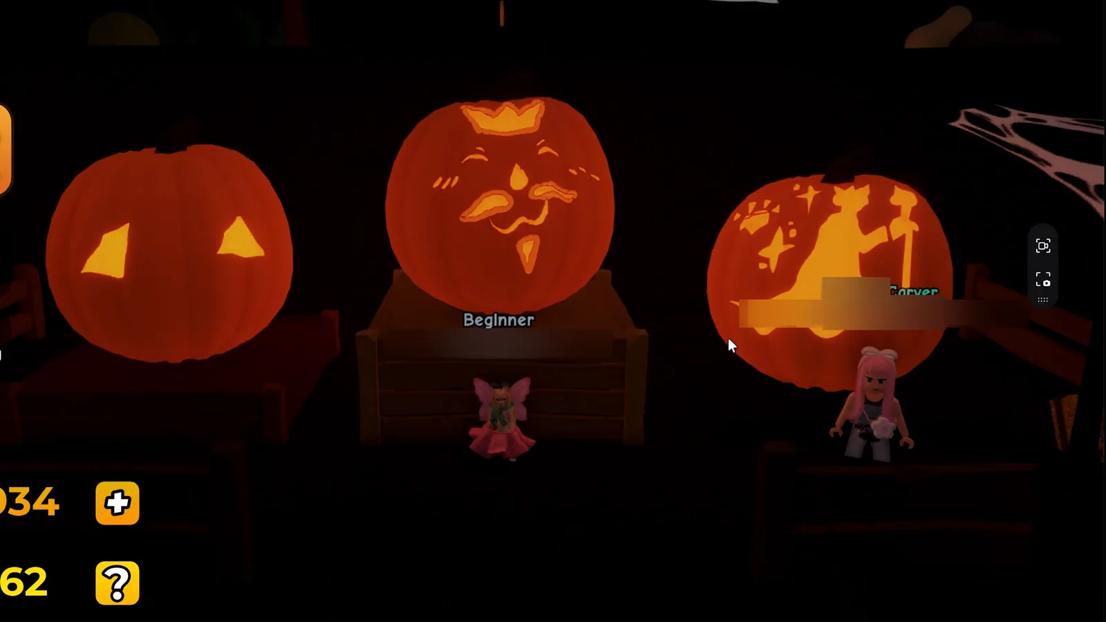Carve a Pumpkin Roblox King theme winners podium center pumpkin with carved crown band smirk and mustache lines usernames blurred