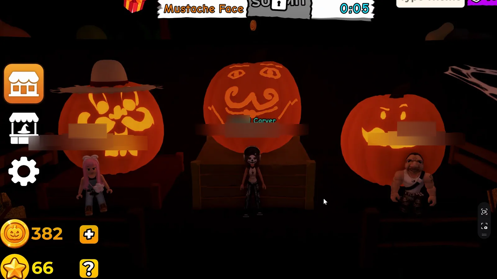 Carve a Pumpkin Roblox Mustache Face winners podium center pumpkin with stylized mustache goatee and round eyes usernames blurred