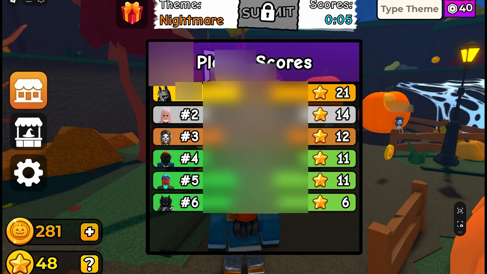 Carve a Pumpkin Roblox Nightmare round Player Scores board showing rank one at twenty-one stars usernames blurred