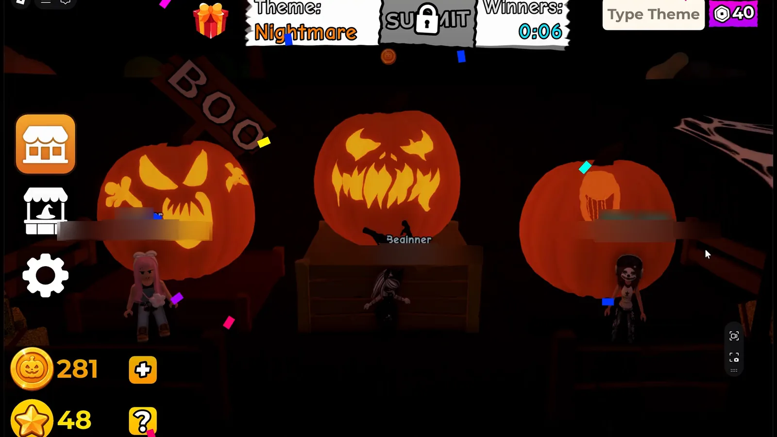 Carve a Pumpkin Roblox Nightmare theme winners podium with large jagged toothy face pumpkin glowing on center first-place stand usernames blurred