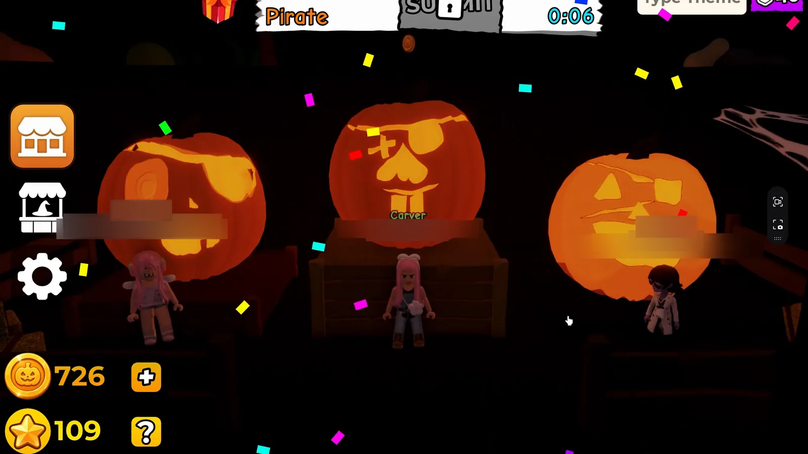 Carve a Pumpkin Roblox Pirate theme winners podium first place pumpkin with large eye patch buck teeth and forehead band usernames blurred