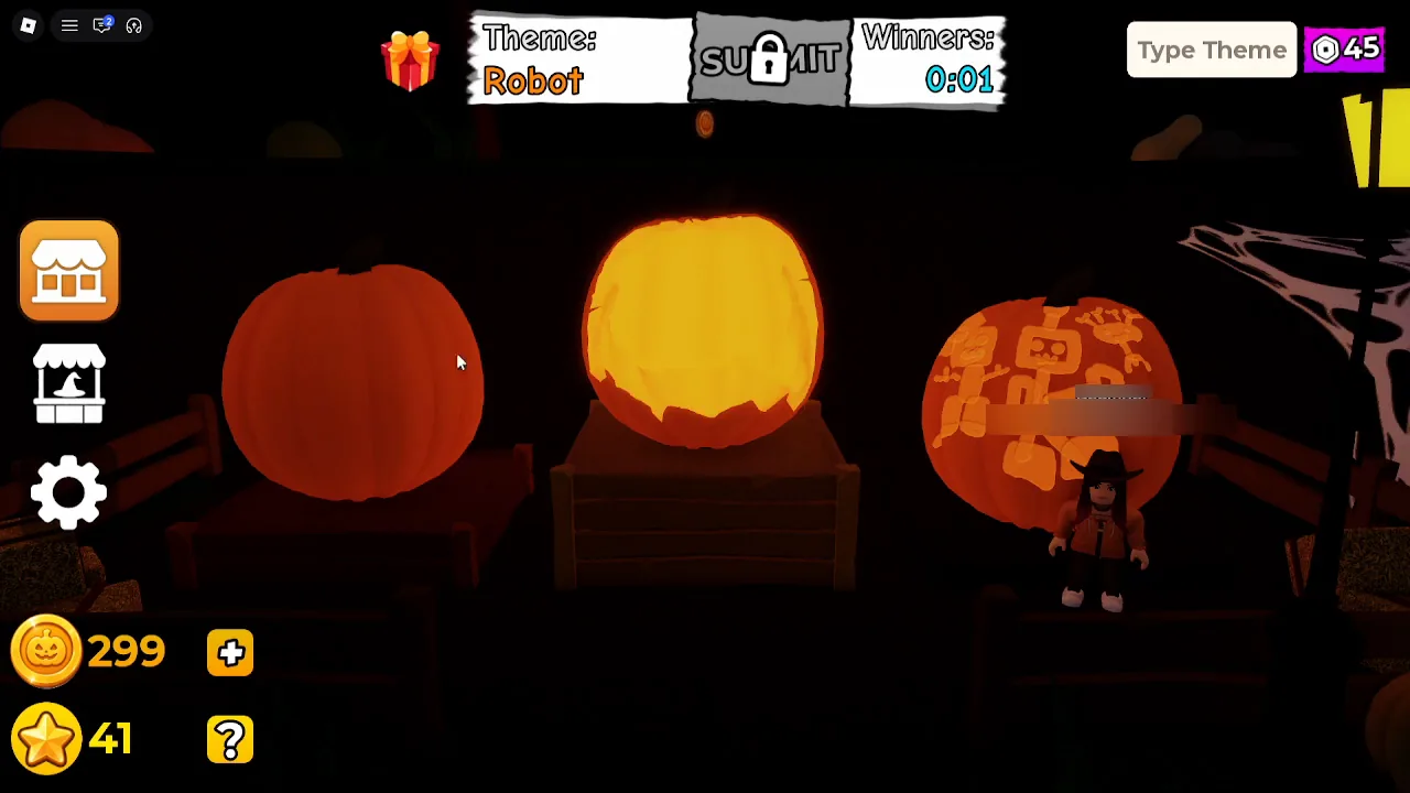 Carve a Pumpkin Roblox Robot theme winners stage three pumpkins with bright center cutout and robot silhouette carving usernames blurred