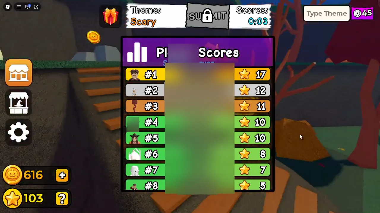 Carve a Pumpkin Roblox Scary round Player Scores rank one seventeen stars on Scary theme board usernames blurred
