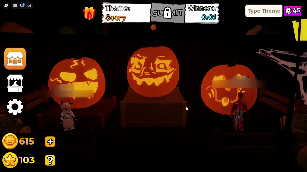 Carve a Pumpkin Roblox Scary theme winners podium center first place pumpkin with thick brows and wide jagged grin usernames blurred