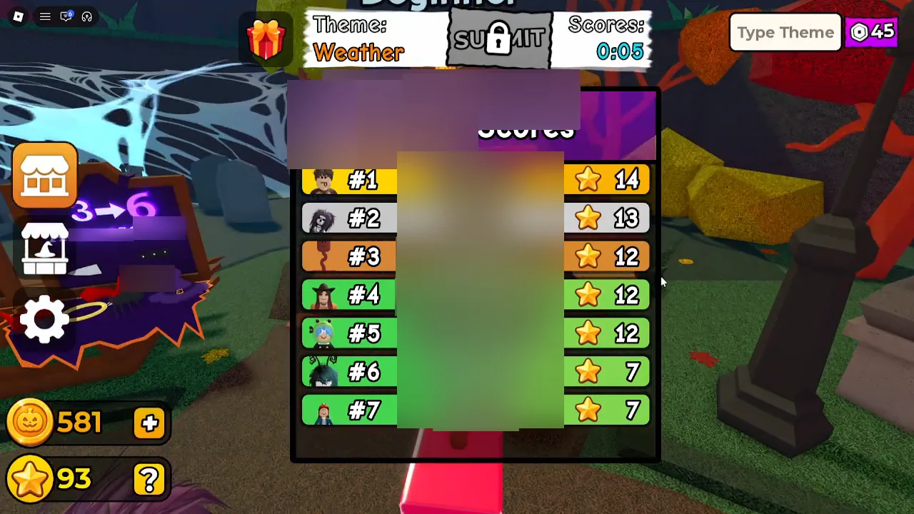Carve a Pumpkin Roblox Weather round Player Scores board rank one fourteen stars theme Weather label usernames blurred