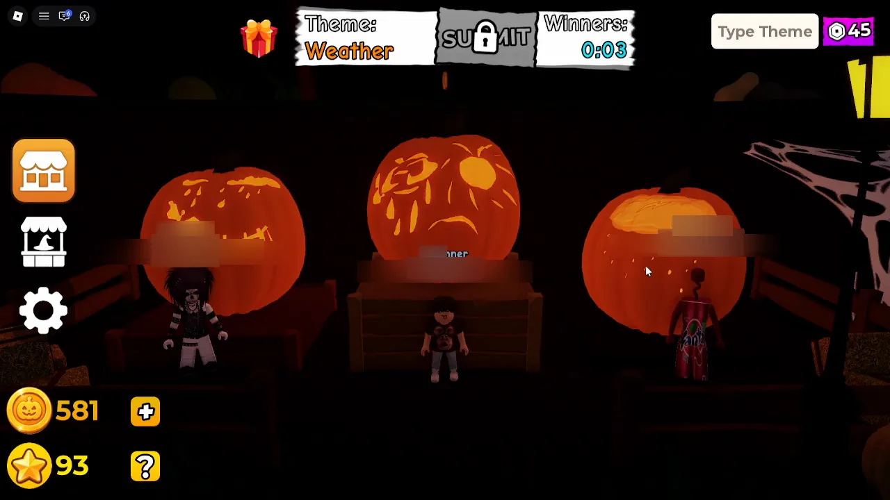 Carve a Pumpkin Roblox Weather theme winners podium center pumpkin with sun eye cloud rain eye and sad mouth usernames blurred