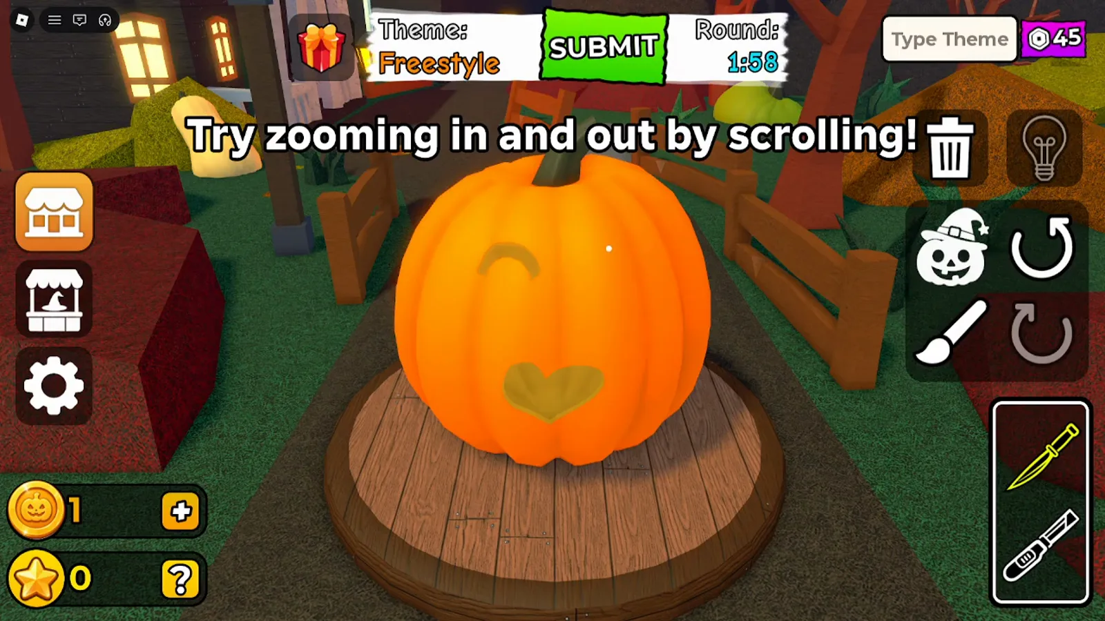 Carve a Pumpkin Roblox top HUD showing Theme Freestyle green SUBMIT Round timer 1:58 and Type Theme field on the right