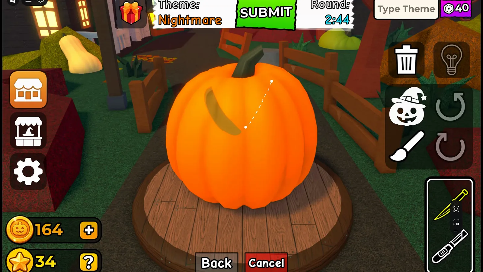 Carve a Pumpkin Roblox Nightmare theme HUD with Theme label SUBMIT and Round timer 2:44 at round start