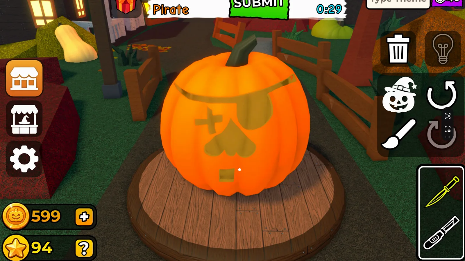 Carve a Pumpkin Roblox Pirate theme HUD showing eye patch carving and cross scar near Round 0:29