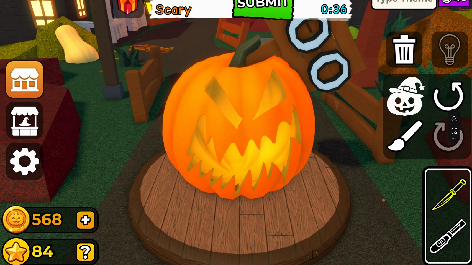 Carve a Pumpkin Roblox Scary theme jack-o-lantern with jagged teeth glowing inside orange pumpkin