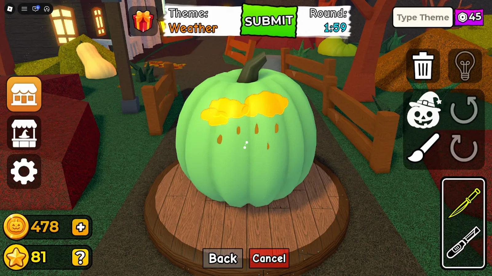 Carve a Pumpkin Roblox Weather theme HUD with cloud and rain carvings on sage green pumpkin