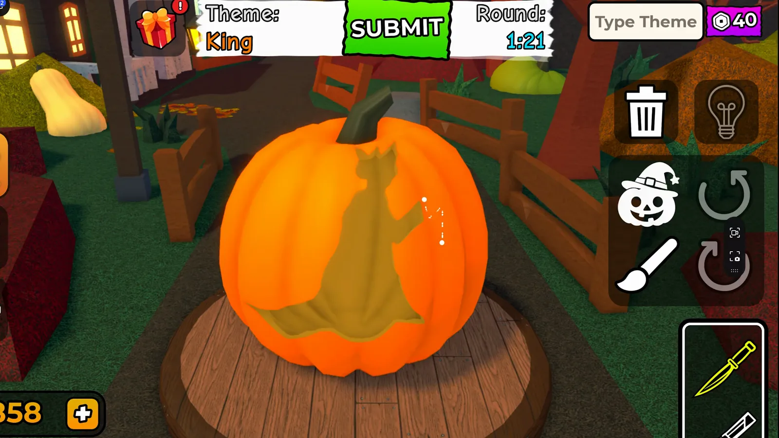 Carve a Pumpkin Roblox King theme HUD with caped silhouette carving and Round timer 1:21