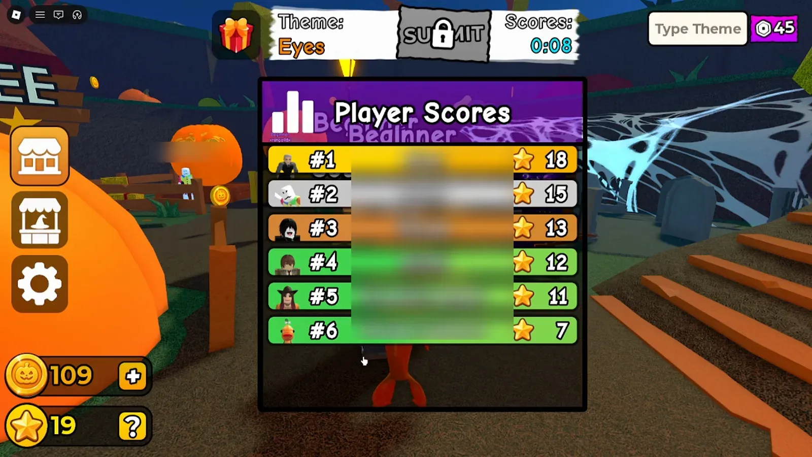 Carve a Pumpkin Roblox Scores label with Player Scores board of six rows and the recording player at rank five with eleven stars, usernames blurred