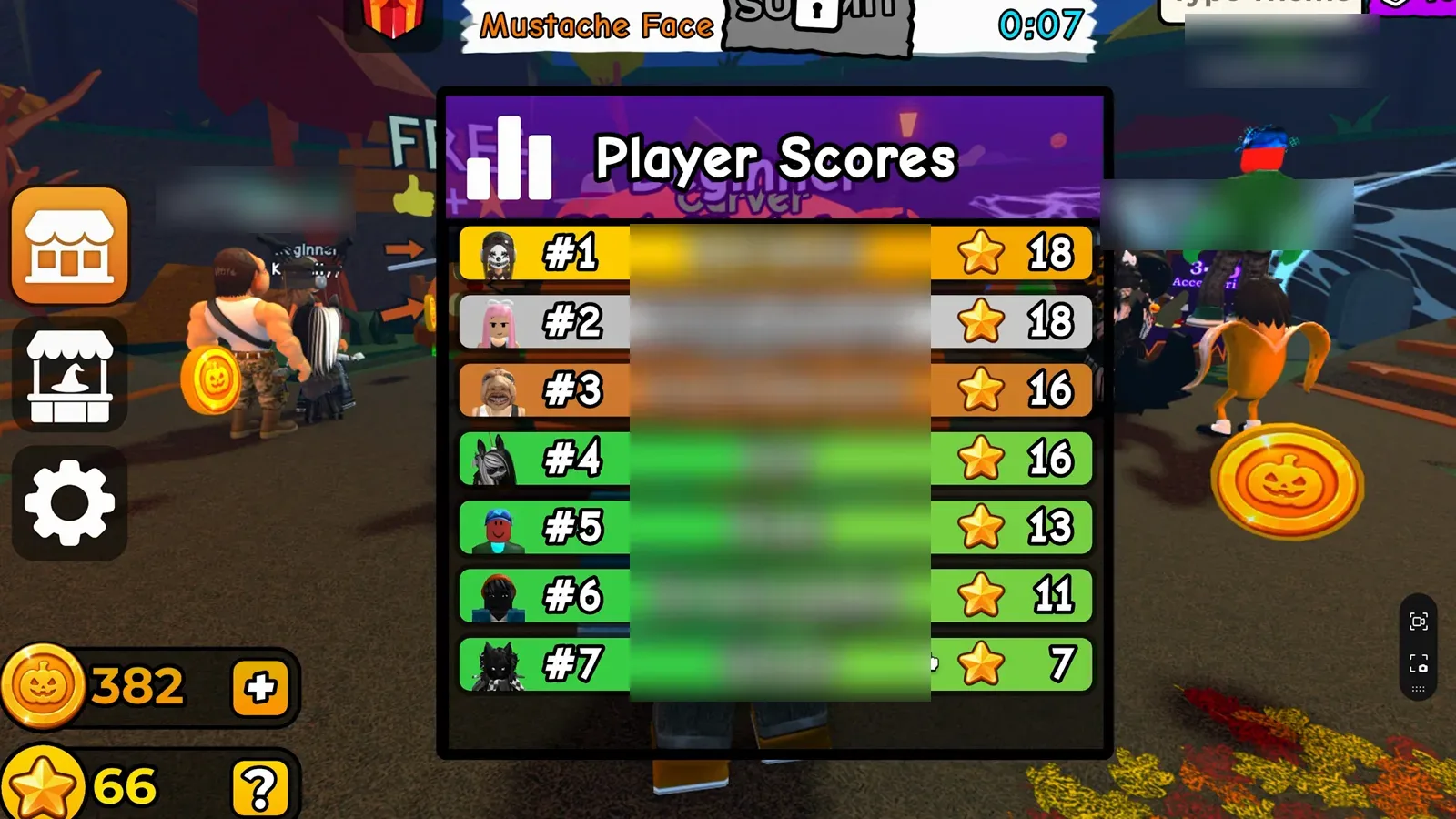 Carve a Pumpkin Roblox Player Scores overlay with tied eighteen star totals at ranks one and two, usernames blurred
