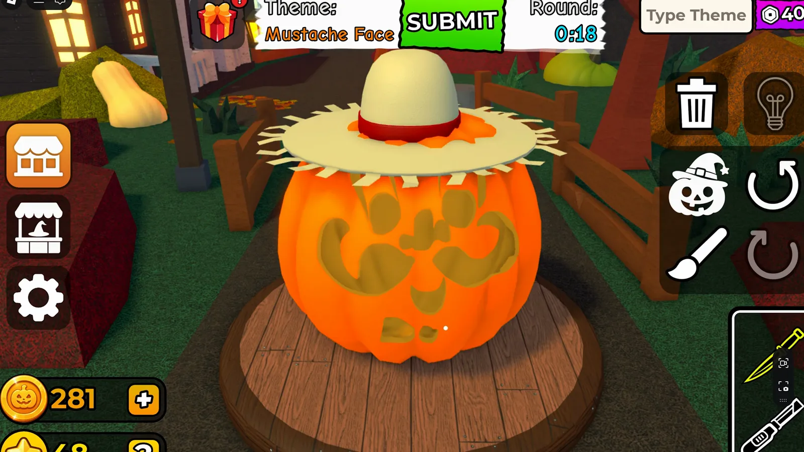 Carve a Pumpkin Roblox round HUD showing Theme Mustache Face green SUBMIT button and Round timer at eighteen seconds