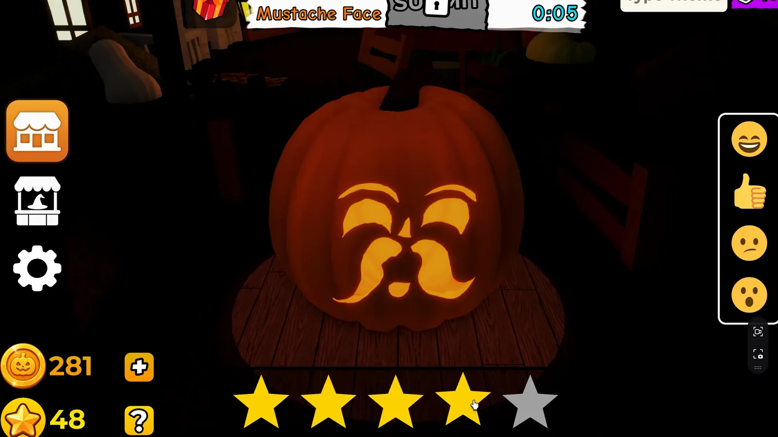 Carve a Pumpkin Roblox voting phase four of five stars lit on a Mustache Face pumpkin with a column of four reaction icons on the right edge